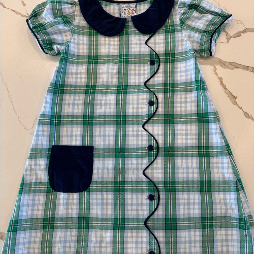 Green and Blue Plaid Dress with Navy Accents